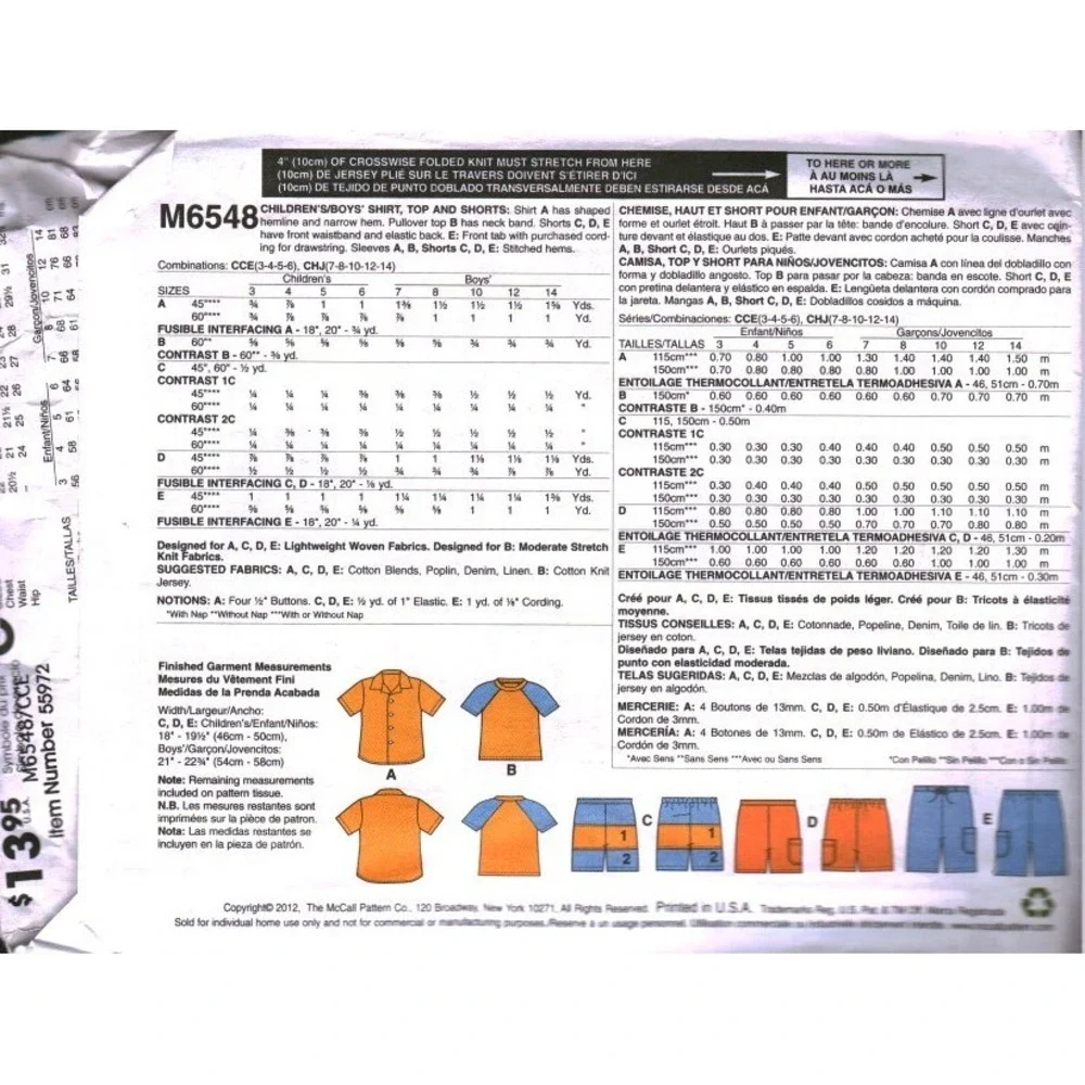 McCall's M6548 Boys Sewing Pattern Shirt Top Shorts Size 3 4 Easy Summer DIY